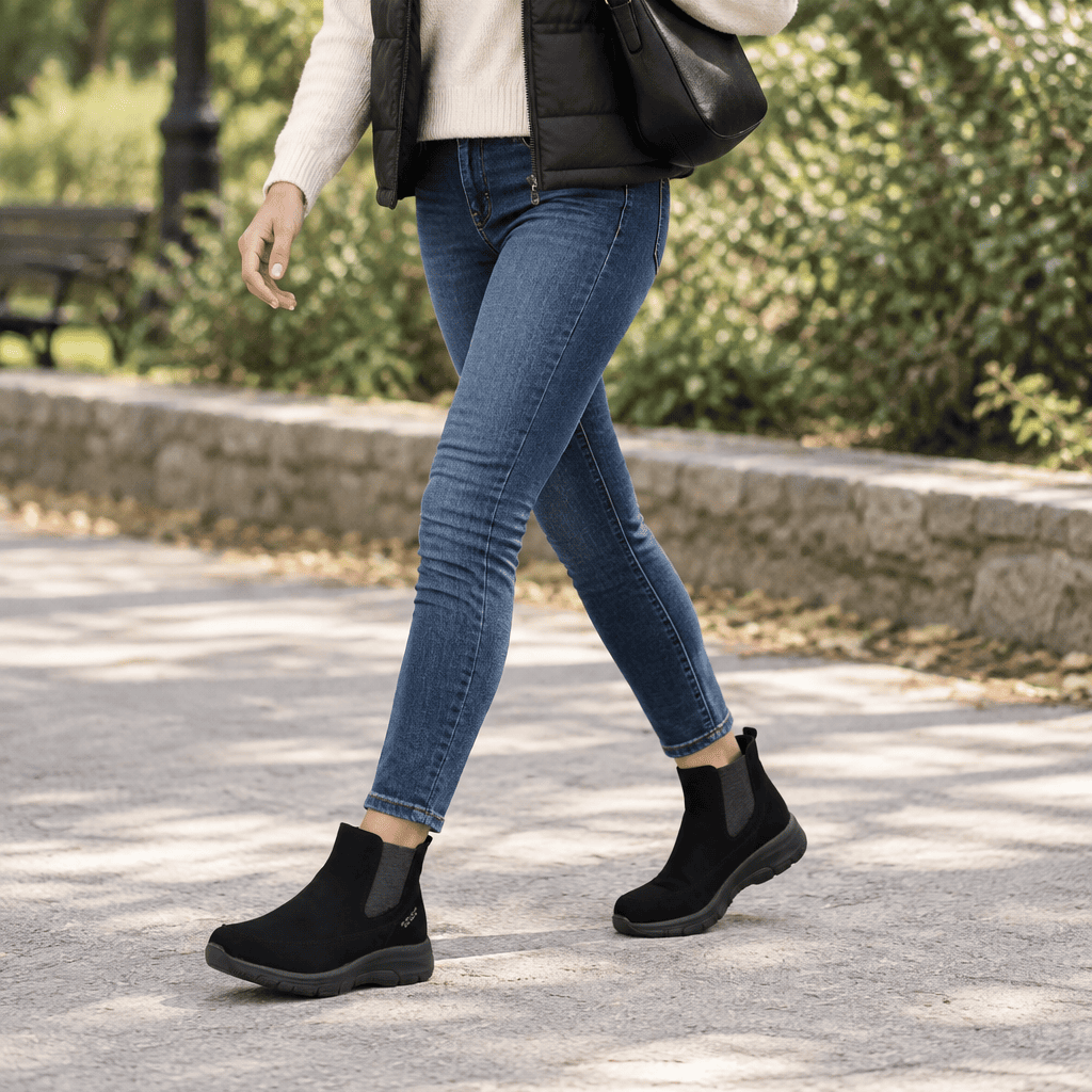 Women's black Chelsea slip-on boots worn with blue jeans and sneakers