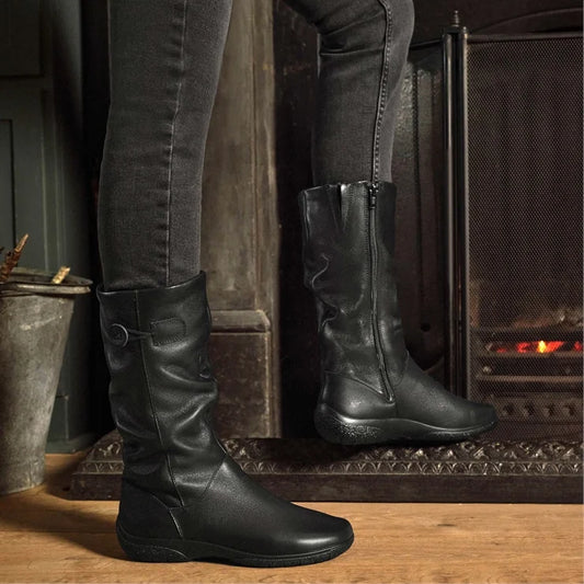 Black leather pull-on knee-high boots with low stacked heel