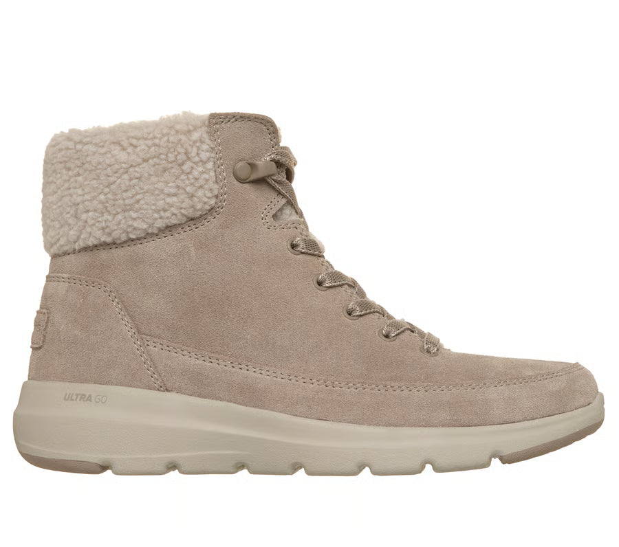 Taupe suede lace-up women’s boot with fleece-lined cuff and padded collar