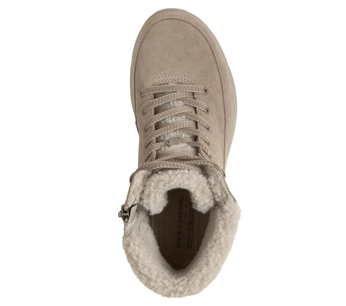 Taupe suede mid boot with lace-up closure and fleece lining, front view