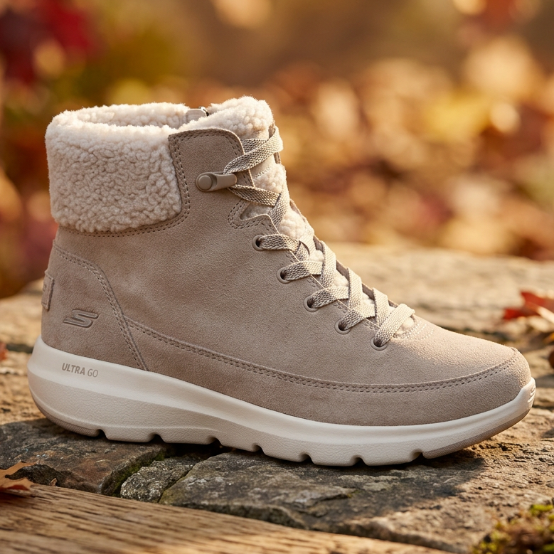 Taupe suede insulated lace-up boot with sherpa collar and cushioned sole