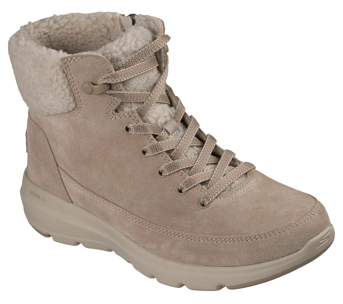 Taupe suede lace-up high-top boot with fleece collar and cushioned sole