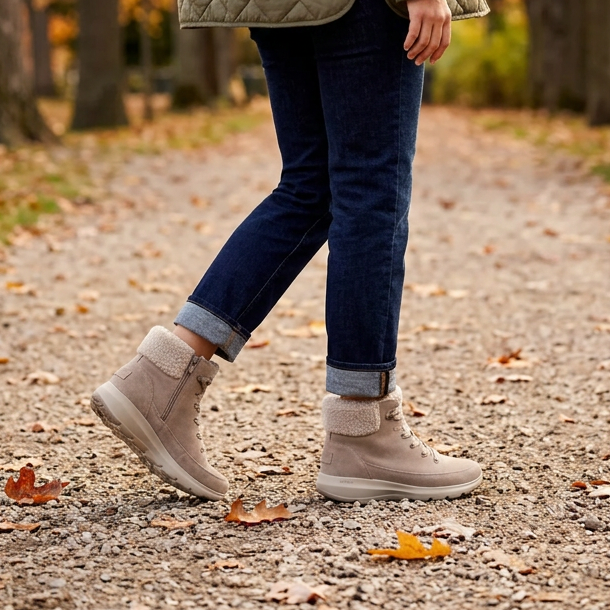 Taupe suede lace-up boot with fleece cuff on wearer’s feet and jeans