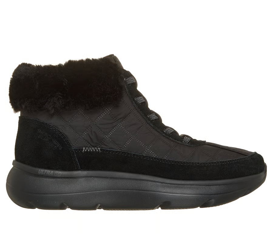 Women's black ankle boot with faux-fur collar and lace-up front