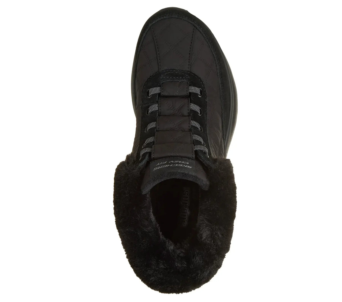 Women's black ankle boot with lace-up closure and fuzzy lining