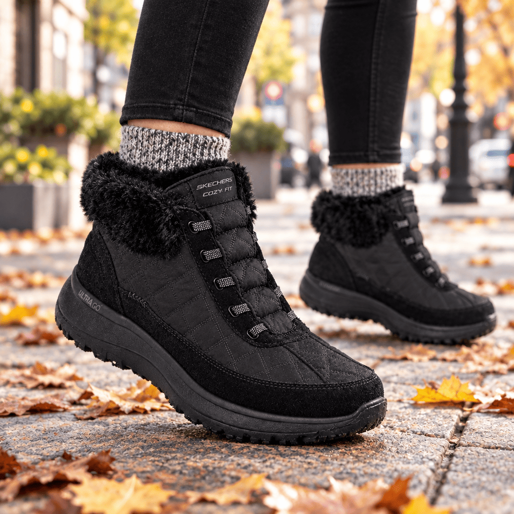 Women's black ankle boot with faux-fur cuff and chunky tread sole