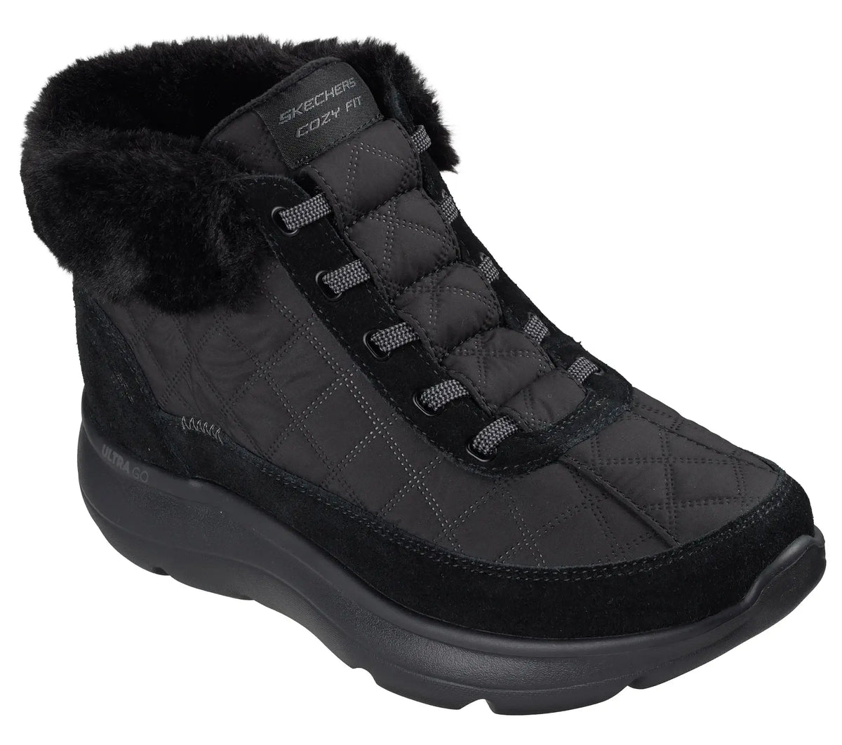 Women's black ankle boot with quilted upper, faux-fur trim, and lace-up