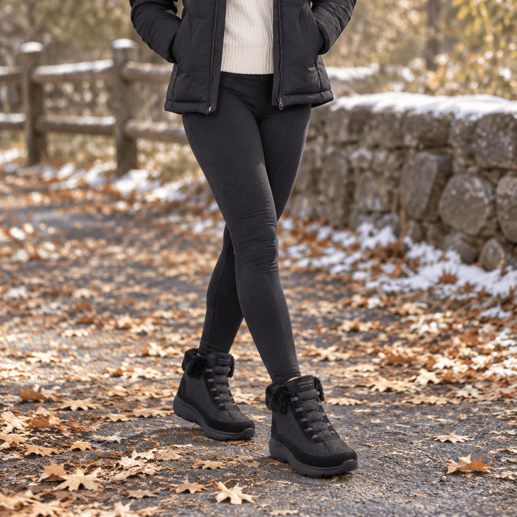Women's black ankle boot on fall path, lace-up with faux-fur cuff