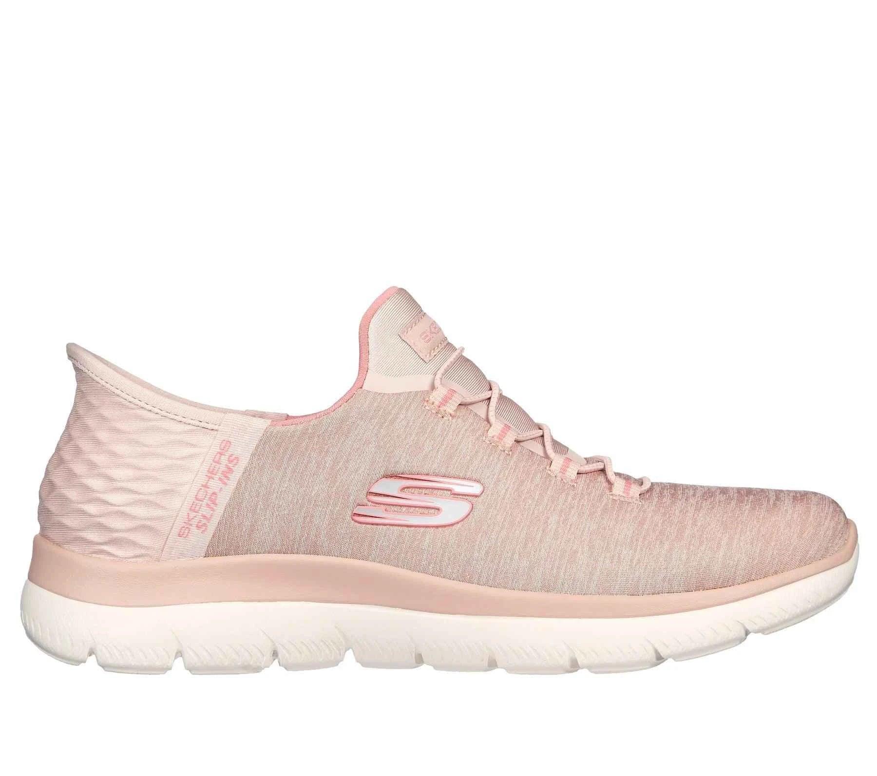 Light pink Skechers slip-on athletic shoe with cushioned white sole and textured heel