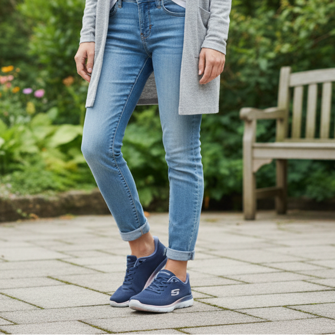 Navy lace-up trainer on feet with light blue jeans, white sole, and side S logo