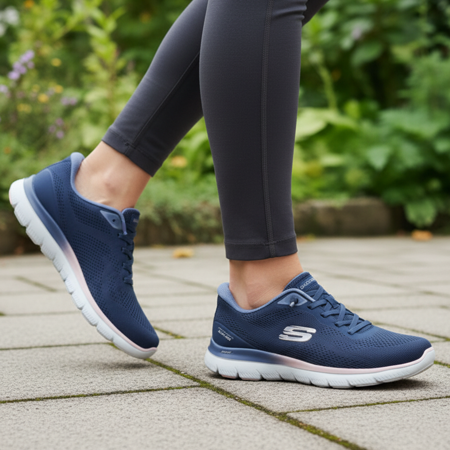 Navy knit lace-up trainer worn with dark leggings, showing side S logo and white sole