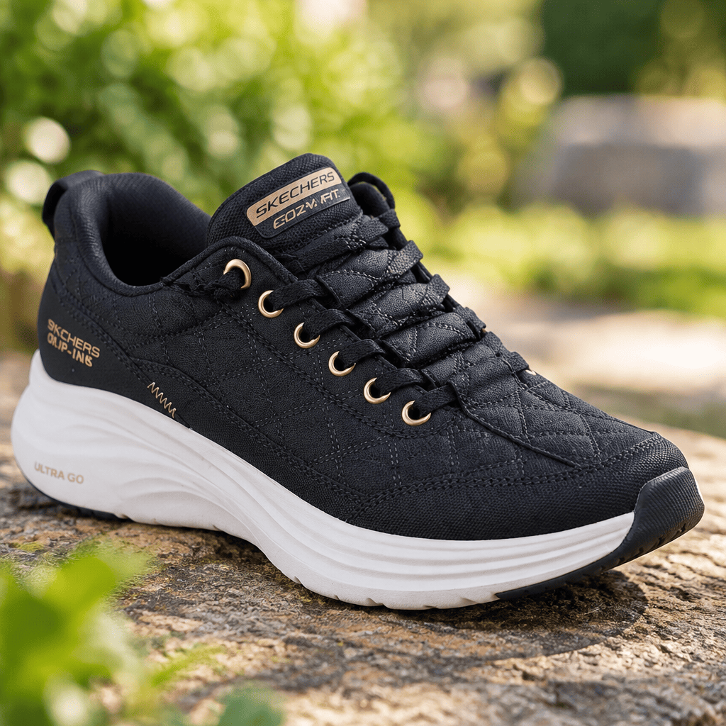 Women's black lace-up trainer with white sole and rose-gold eyelets