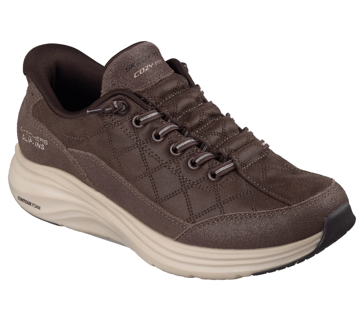 Women's brown lace-up sneaker with textured upper and white contour foam midsole