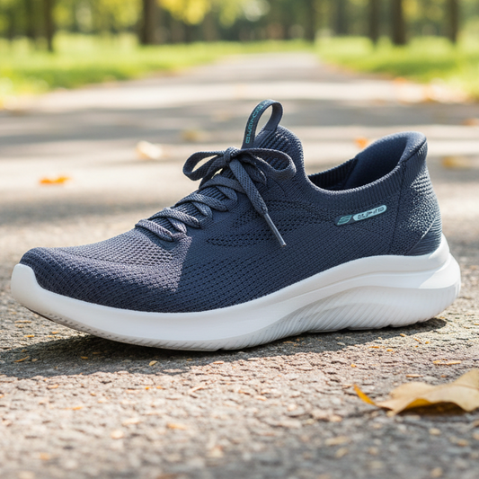 Navy running shoe on a road with trees in the background