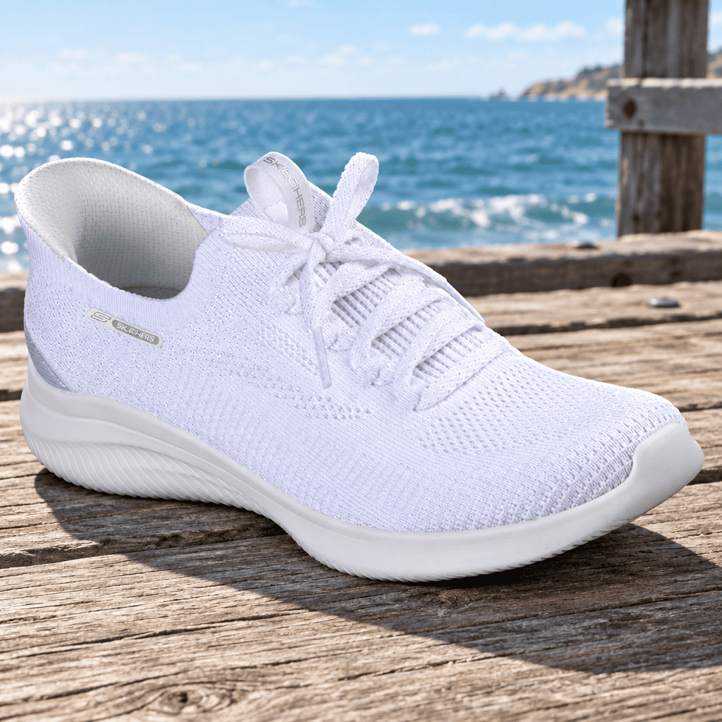 White knit lace-up trainer with textured upper and cushioned sole