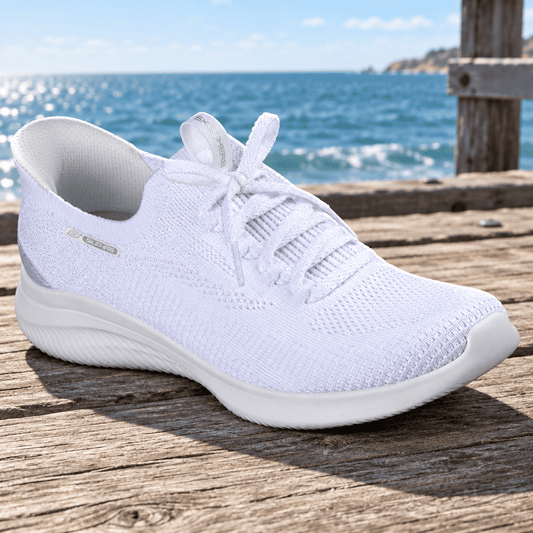 White knit lace-up trainer with textured upper and cushioned sole