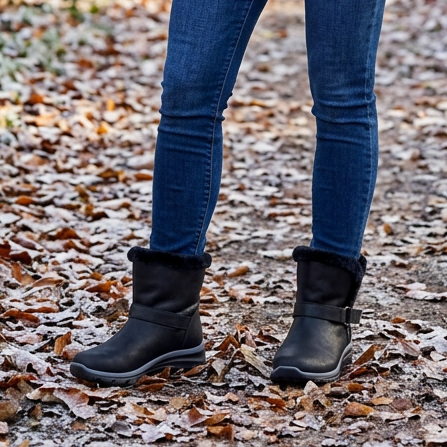 Women's black slip-on boots, front view with faux-fur cuffs and side buckle strap