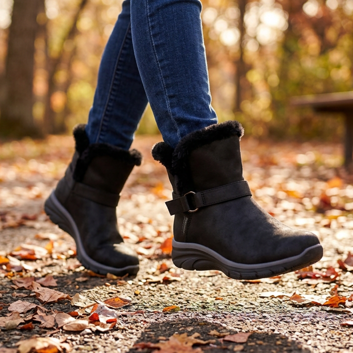 Women's black slip-on boots, side view of two with faux-fur cuffs and side buckle strap