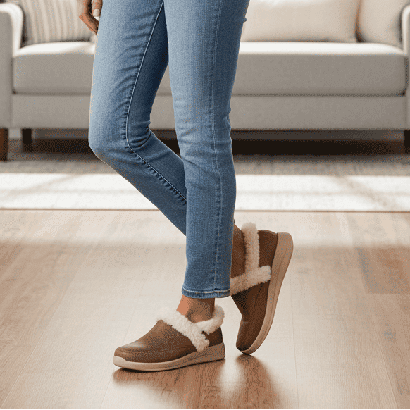 Women’s chestnut slip-on slippers with white fleece trim and cushioned sole