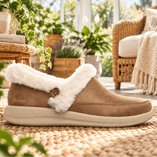 Women's chestnut slip-on slippers with white faux-fur trim and cushioned sole