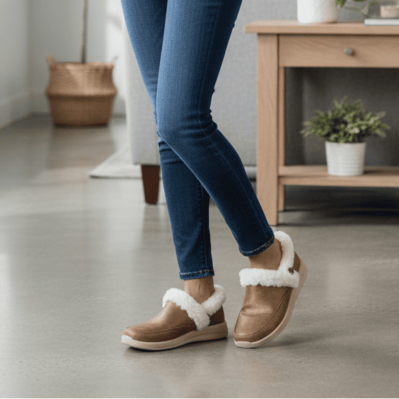 Women’s chestnut slip-on slippers with white plush lining, worn with jeans