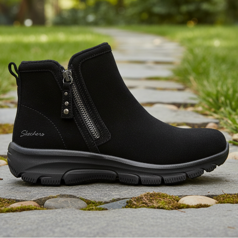 Black ankle boots with side zipper and grippy rubber outsole