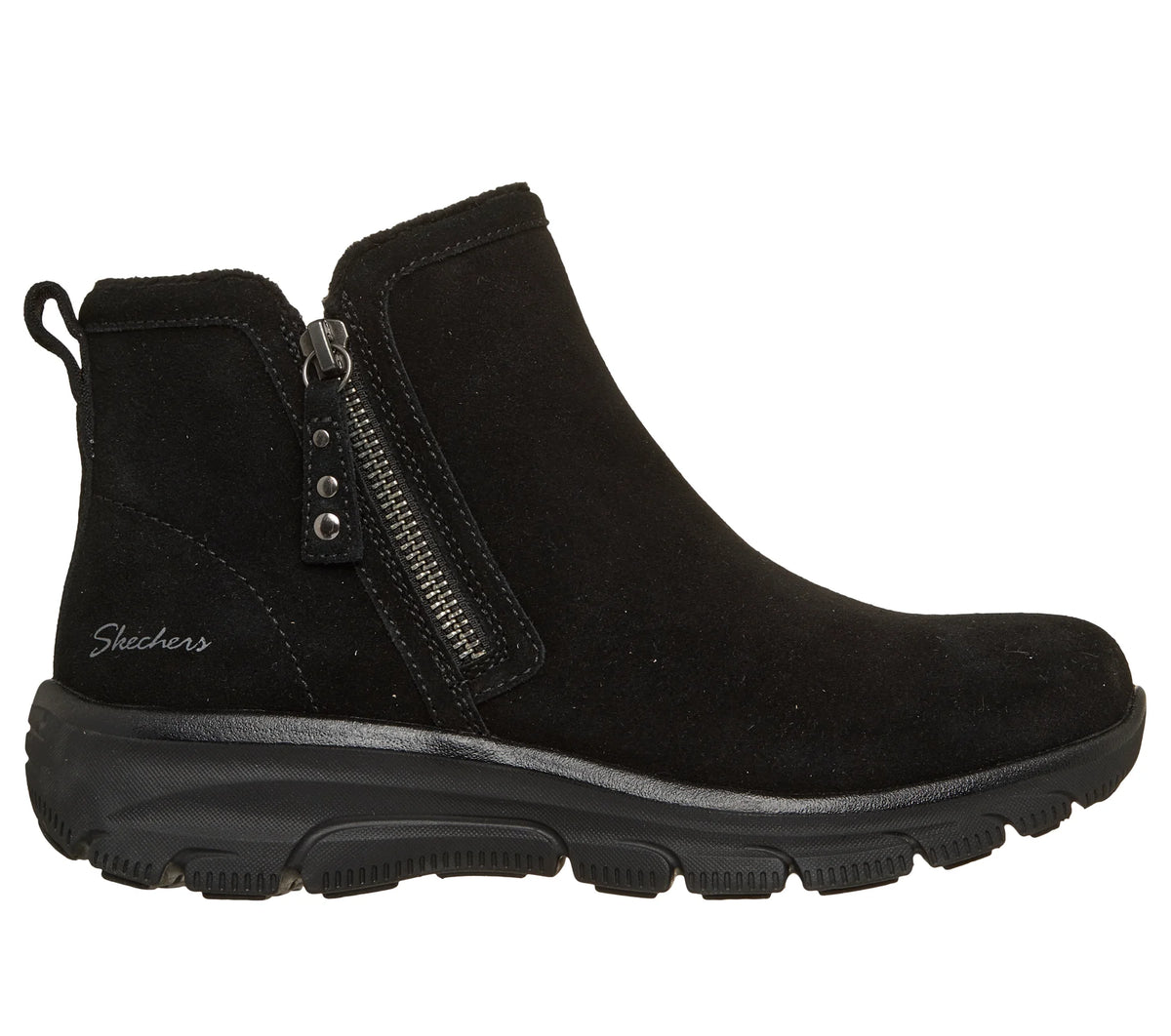 Black suede ankle boots with side zipper and cushioned tread sole