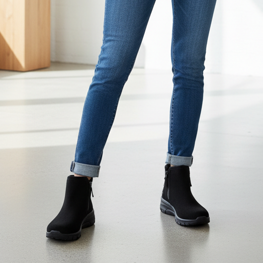 Black ankle boots with side zipper worn with cuffed blue jeans indoors