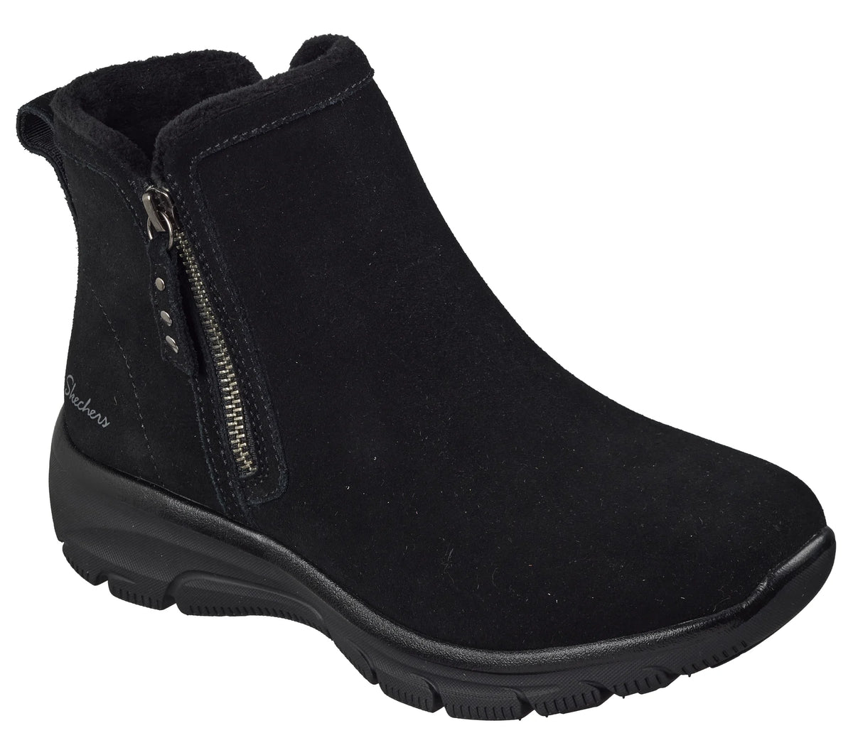 Black suede ankle boots with side zipper and fleece-lined collar