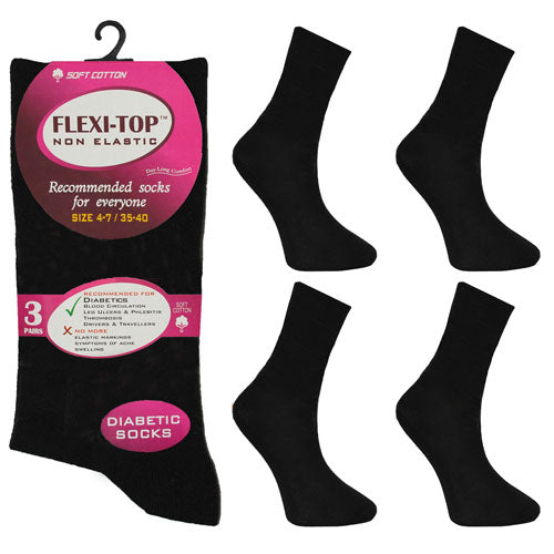 Ladies Flexi-Top Non Elastic Socks 3 Pack - Black