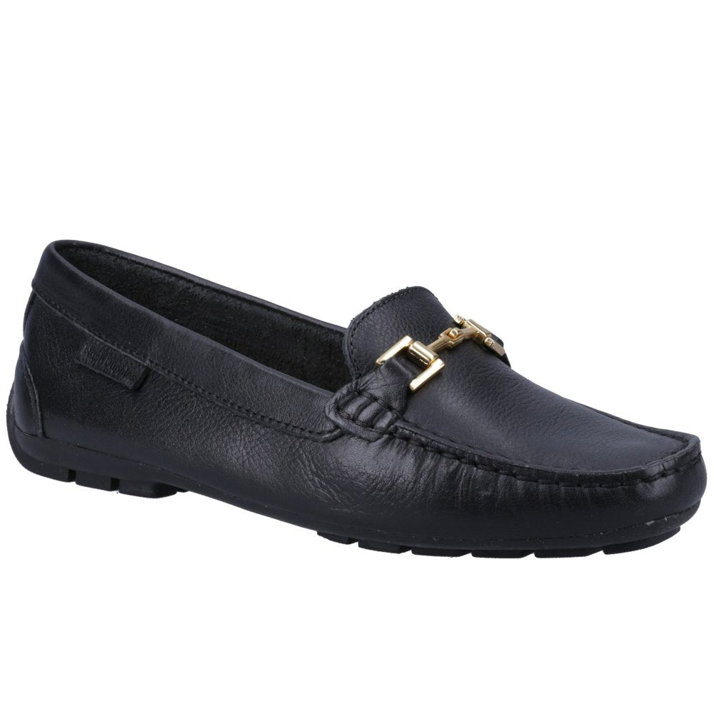 Black leather women's loafer with gold buckle detail and moc toe stitching