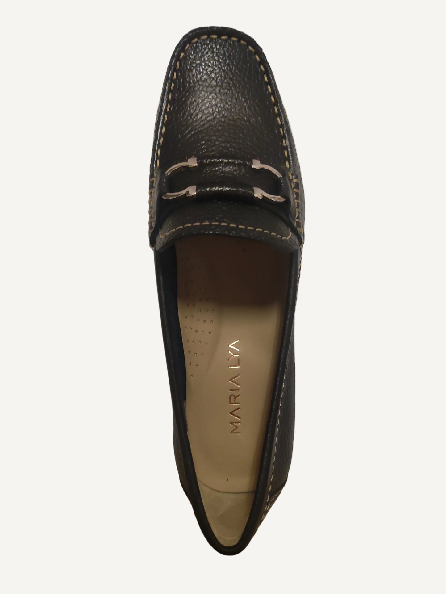 Navy leather shoe with 'Marena' branding on a white surface.