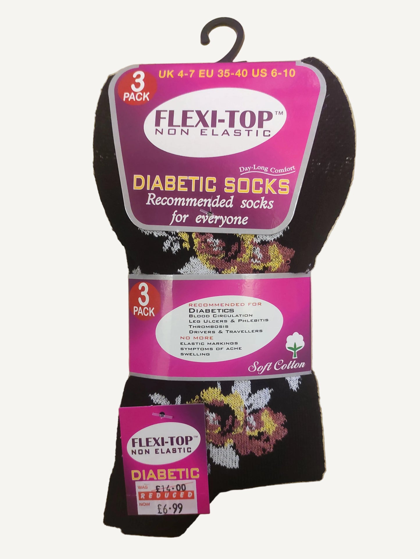 Ladies Flexi-Top Non Elastic Socks 3 Pack - Black Floral