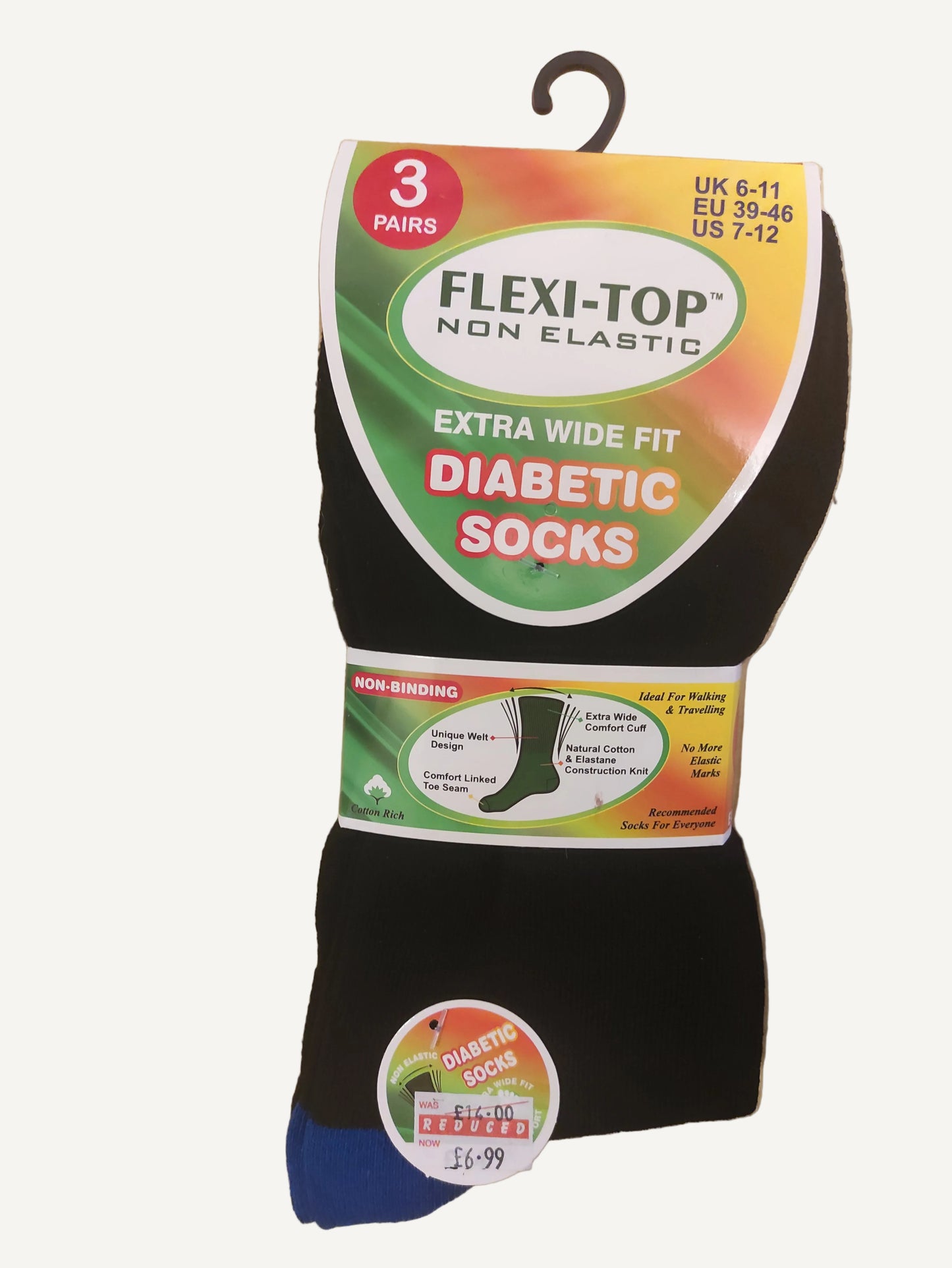 Box of Flexi-Top diabetic socks on a wooden surface