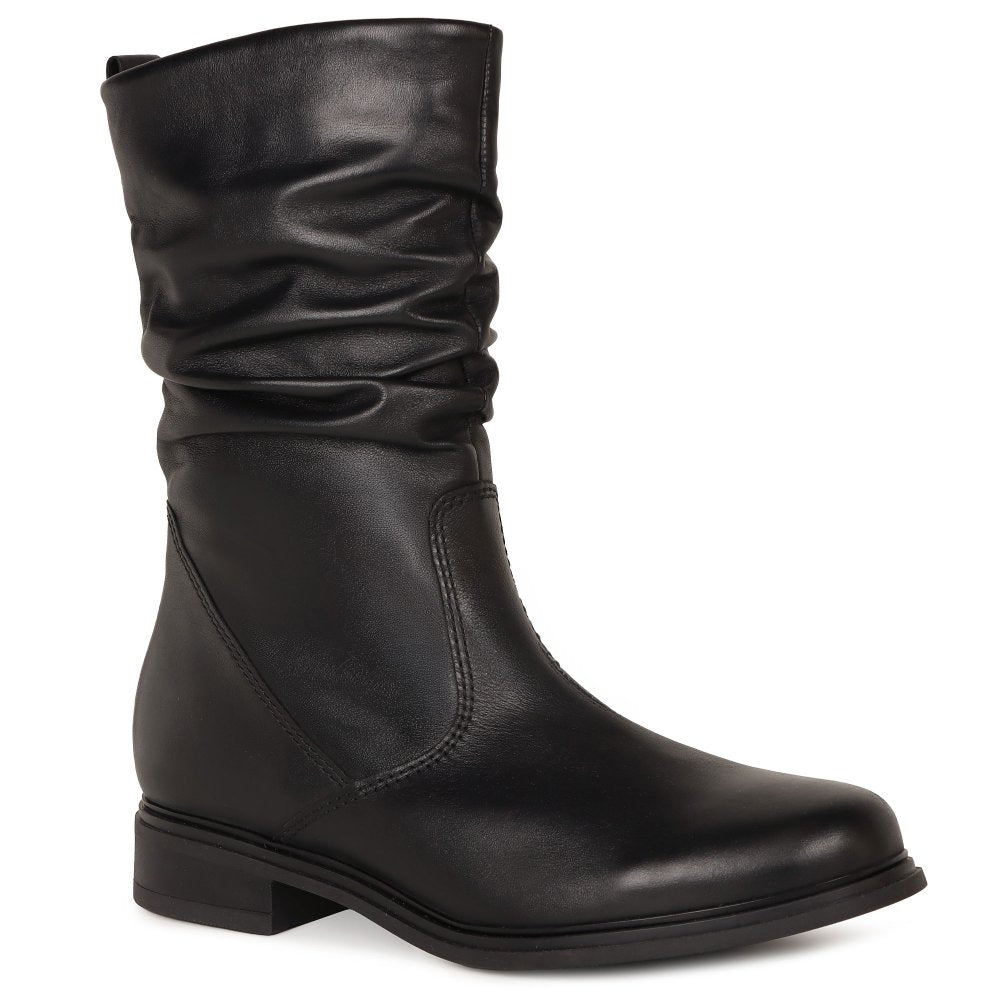 Black calf-length boots with stitched seams, ruched upper, and low flat heel
