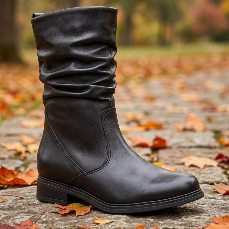 Black calf-length leather-look boots with ruched shaft and flat low sole