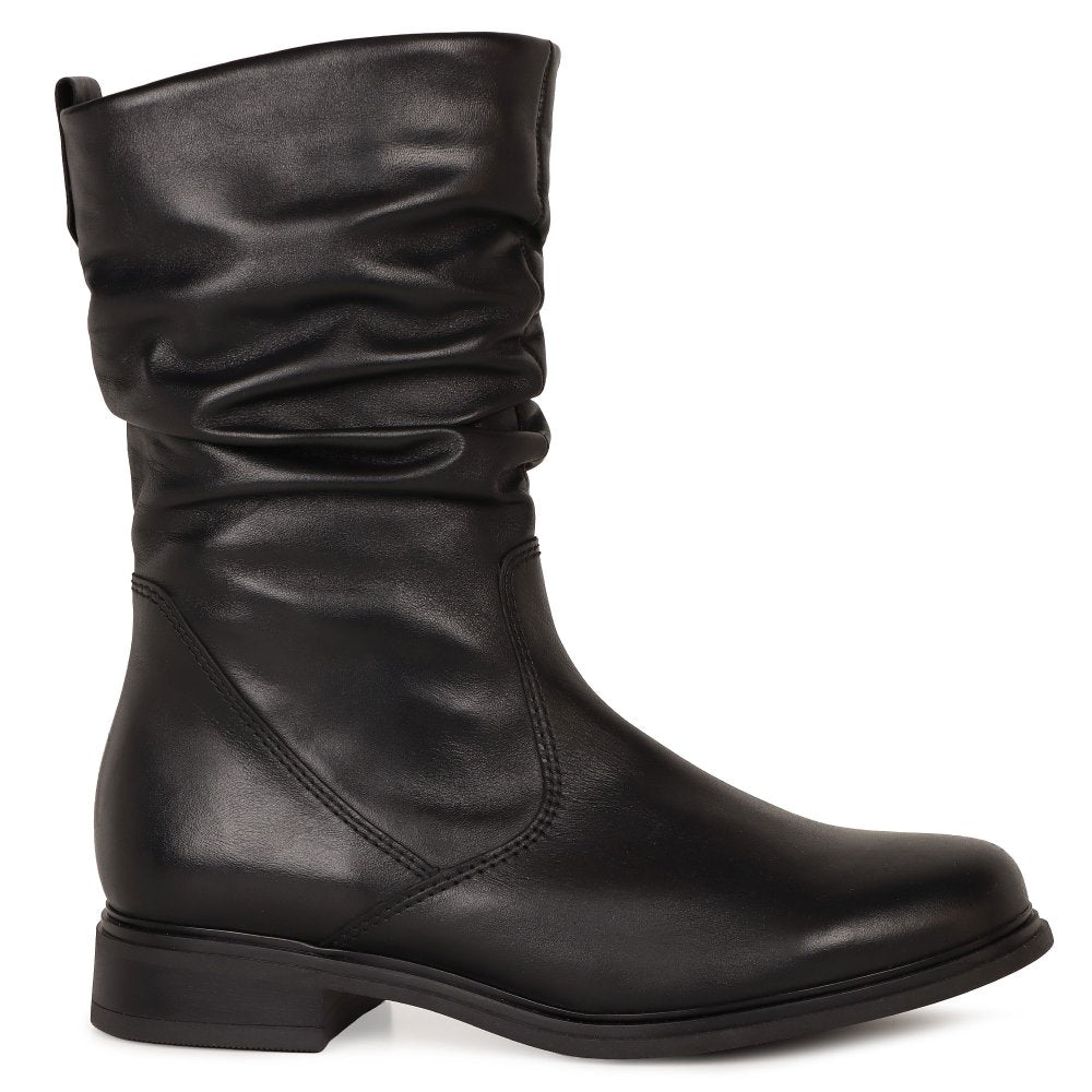 Black calf-length slouch boots with ruched shaft and low block heel