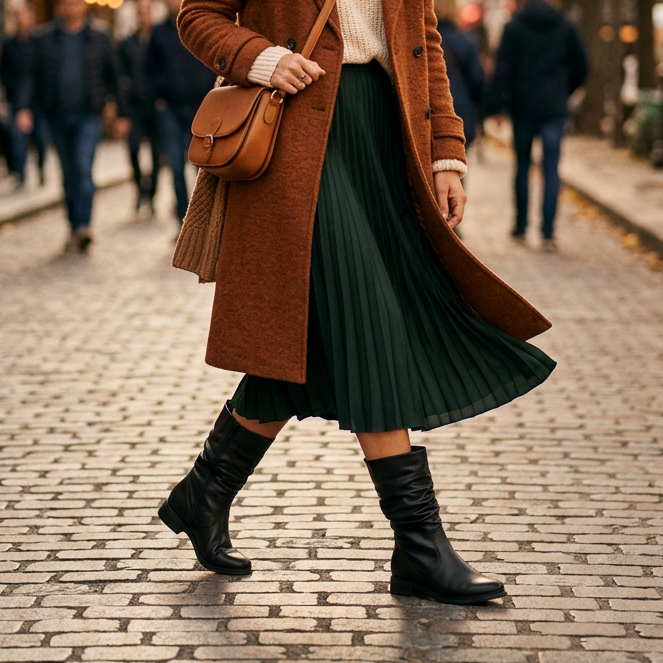 Black calf-length boots worn with a pleated midi skirt and ruched shaft