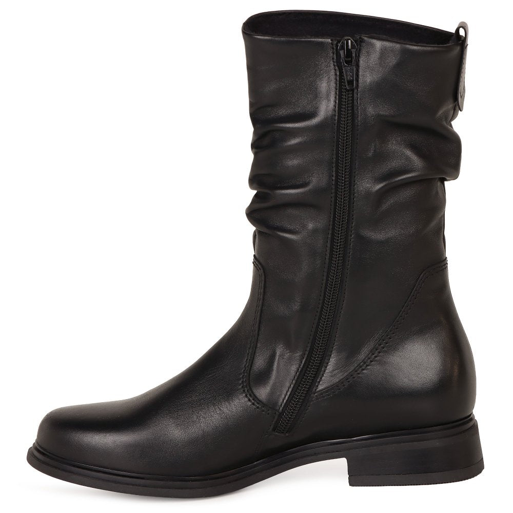 Black calf-length slouch boots with front side zipper and low block heel