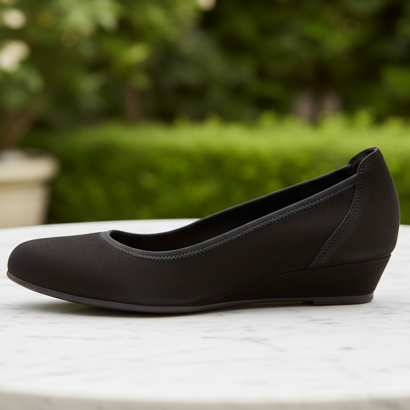 Black suede court shoe, rounded toe, low wedge heel