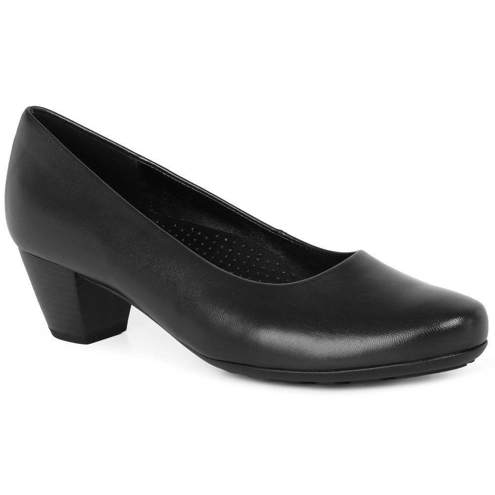 Black leather court shoe, rounded toe, low block heel; perforated lining