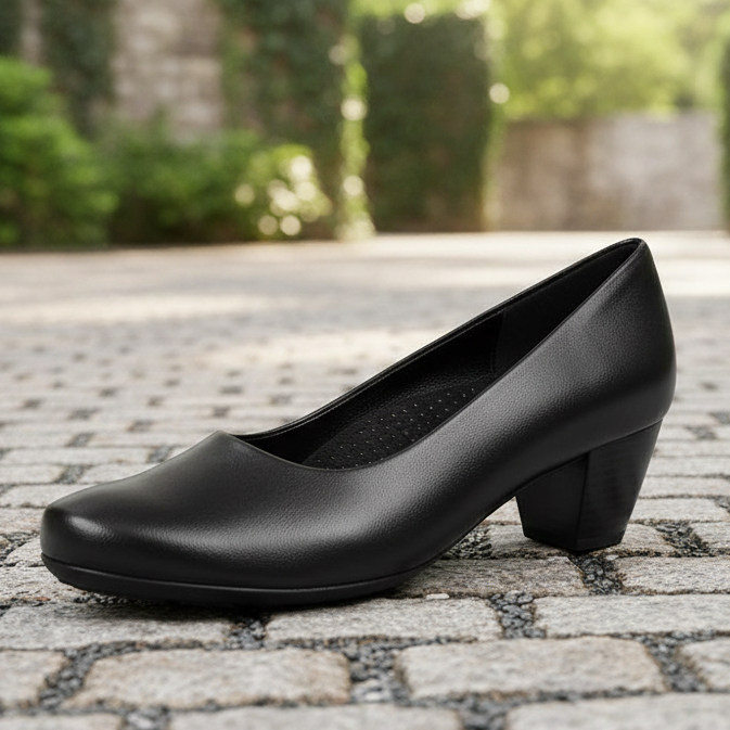 Black leather court shoes with rounded toe and low block heel