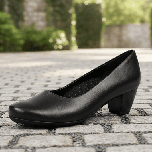 Black leather court shoes with rounded toe and low block heel