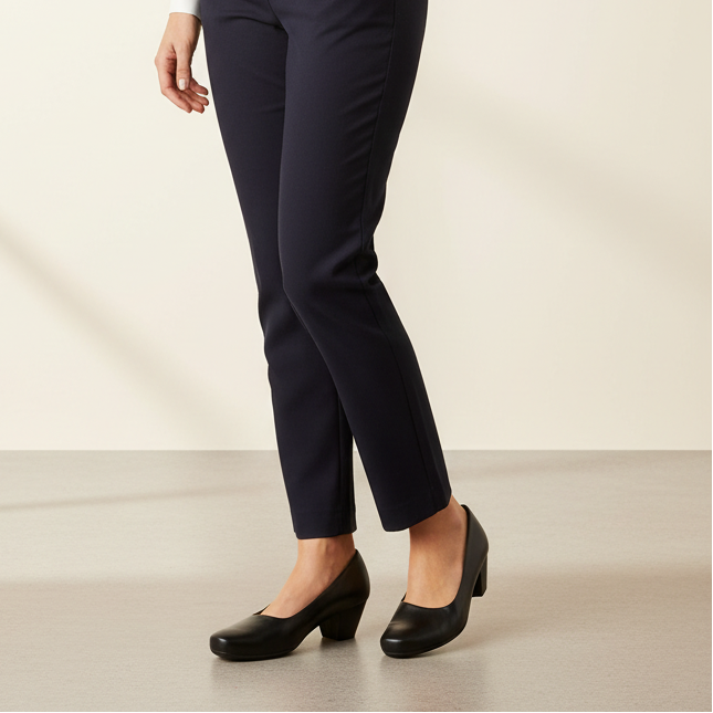 Black leather court shoes with rounded toe and low block heel on model