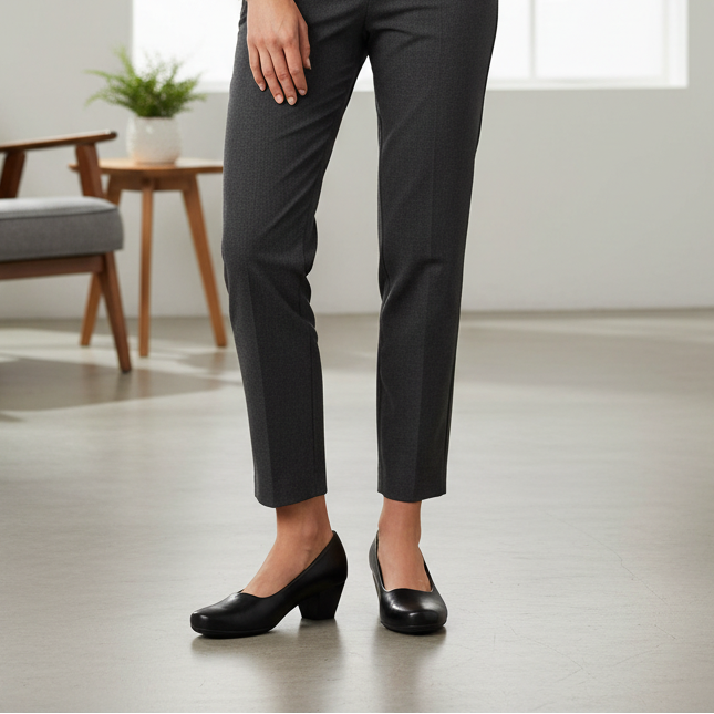Black leather court shoes with rounded toe and low block heel on model