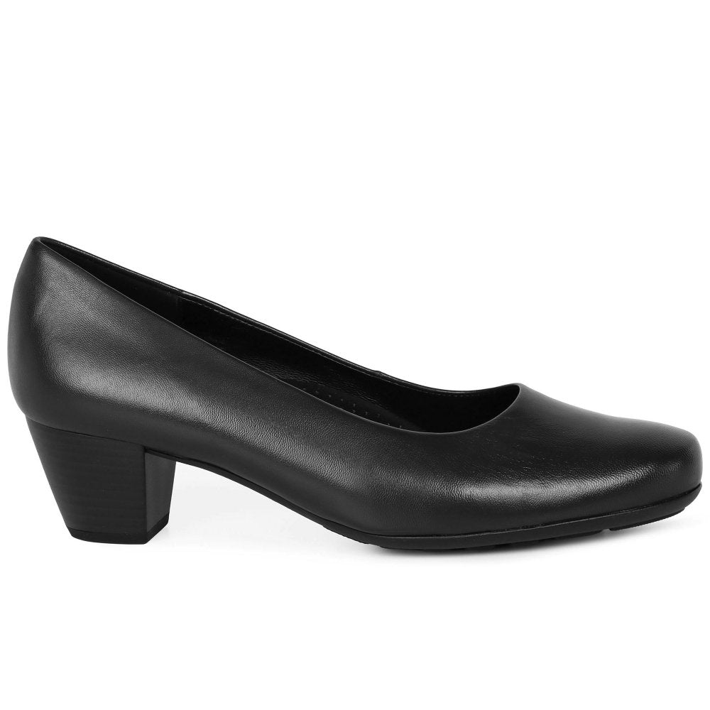 Black leather court shoe with rounded toe and low block heel