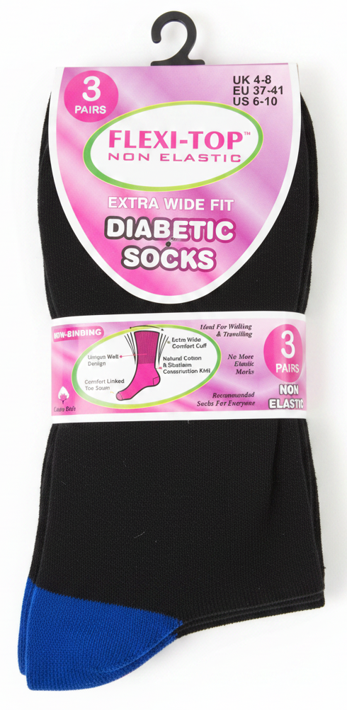 Ladies Flexi-Top Non Elastic Socks 3 Pack – Black With Coloured Heel & Toes