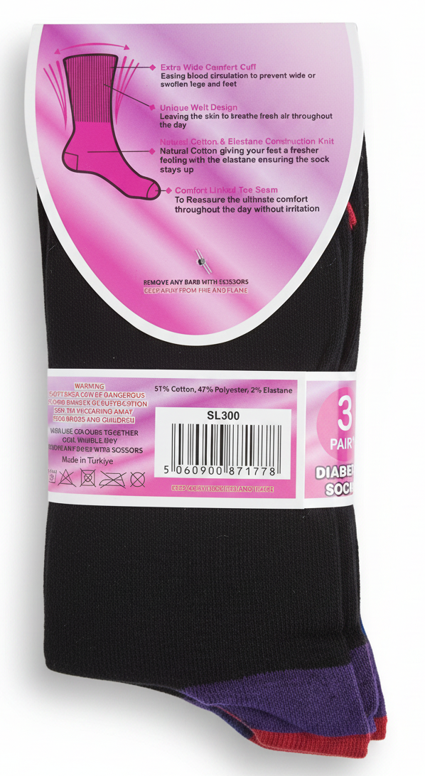 Ladies Flexi-Top Non Elastic Socks 3 Pack – Black With Coloured Heel & Toes