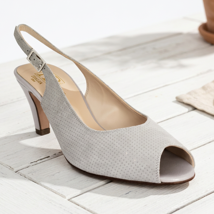 Women's light gray slingback sandal with open toe and mid heel, speckled texture