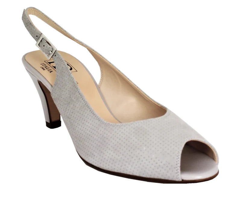 Women's light gray suede slingback sandal with open toe and mid block heel